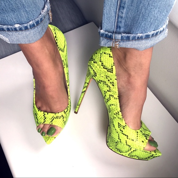 🆕 NEON ORANGE SNAKE PRINT PEEP TOE PLATFORM PUMPS - Picture 6 of 8